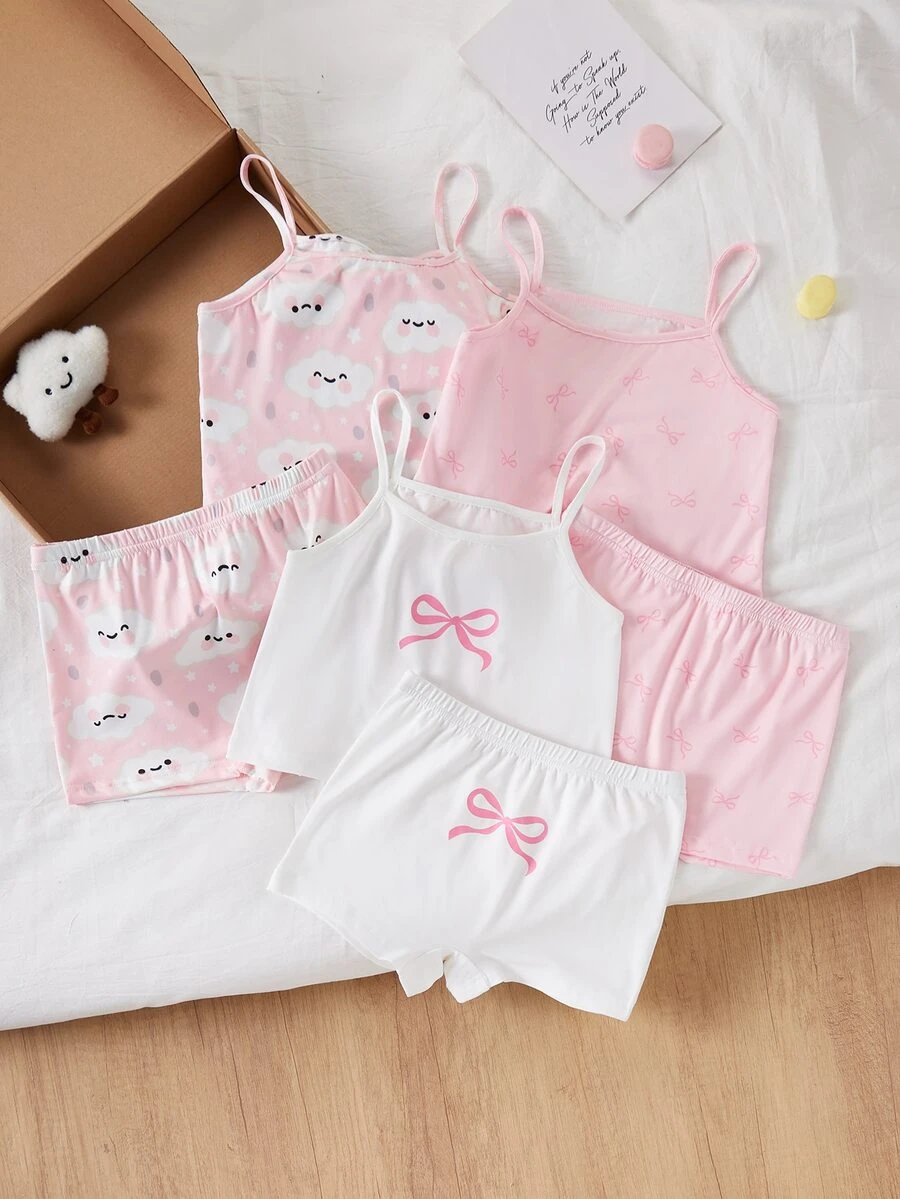 6pcs/Set Girls Pink Bow & Heart All-Over Print Lace Trim Sweet Cute Comfortable Casual Camisole & Bikini Panty Lingerie Set Autumn Winter - Multicolor - View 1