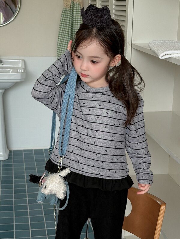 DAZY Sweatshirt Lengan Panjang Bergaris Leher Bulat untuk Bayi Perempuan, Musim Semi/Musim Gugur