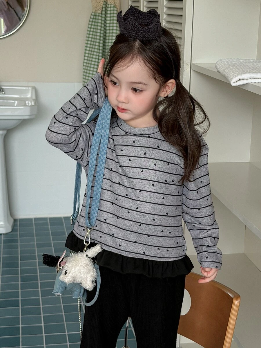 DAZY Infant (Girl) Round Neck Striped Long Sleeve Sweatshirt, Spring/Autumn - Grey - View 1