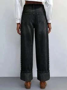 Maija Celana Jeans Wanita Model Lurus dengan Hiasan Manik-Manik - Hitam - View 2