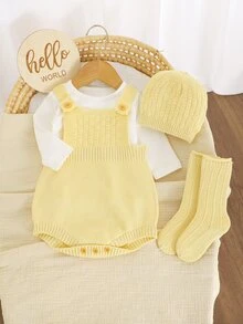 SHEIN Vintaside Kids Newborn Baby Solid Color Button Design Casual Knit Romper - Yellow - View 4