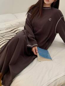 Dazy Plus Pattern Print Contrast Color Stitch Design T-Shirt Style Long Nightgown Loungewear Dress Fall - Brown - View 8