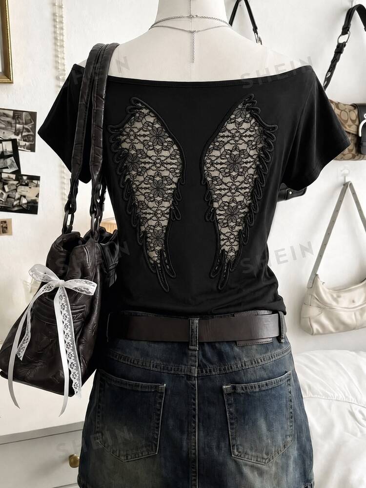 Lalippa Women's Off-Shoulder Short Sleeve T-Shirt With Back Contrast Lace Embroidery Design - Black - View 3