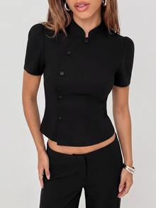 Avantive Women's European & American Vintage Waist-Cinching Cropped Design Top - Black - View 7