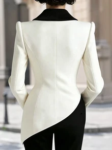 SHEIN Women's Elegant Asymmetric White Blazer With Black Contrast Lapel - Black and White - View 2
