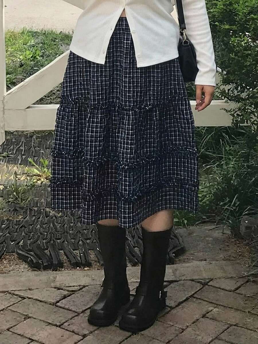 Dazy Plus Korean Style Plaid Skirt For Girls, Spring Summer Autumn All-Season Versatile - Navy Blue - View 1
