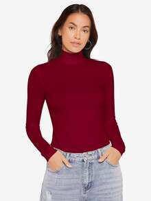 SHEIN BASICS Camisetas de cuello alto de manga larga de punto acanalado ajustadas para mujeres en color negro - Burdeos - Ver 4