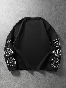 ROMWE MEN Men's Abstract Dark Portrait Print Street Visual Style Long Sleeve T-Shirt - Black - View 3