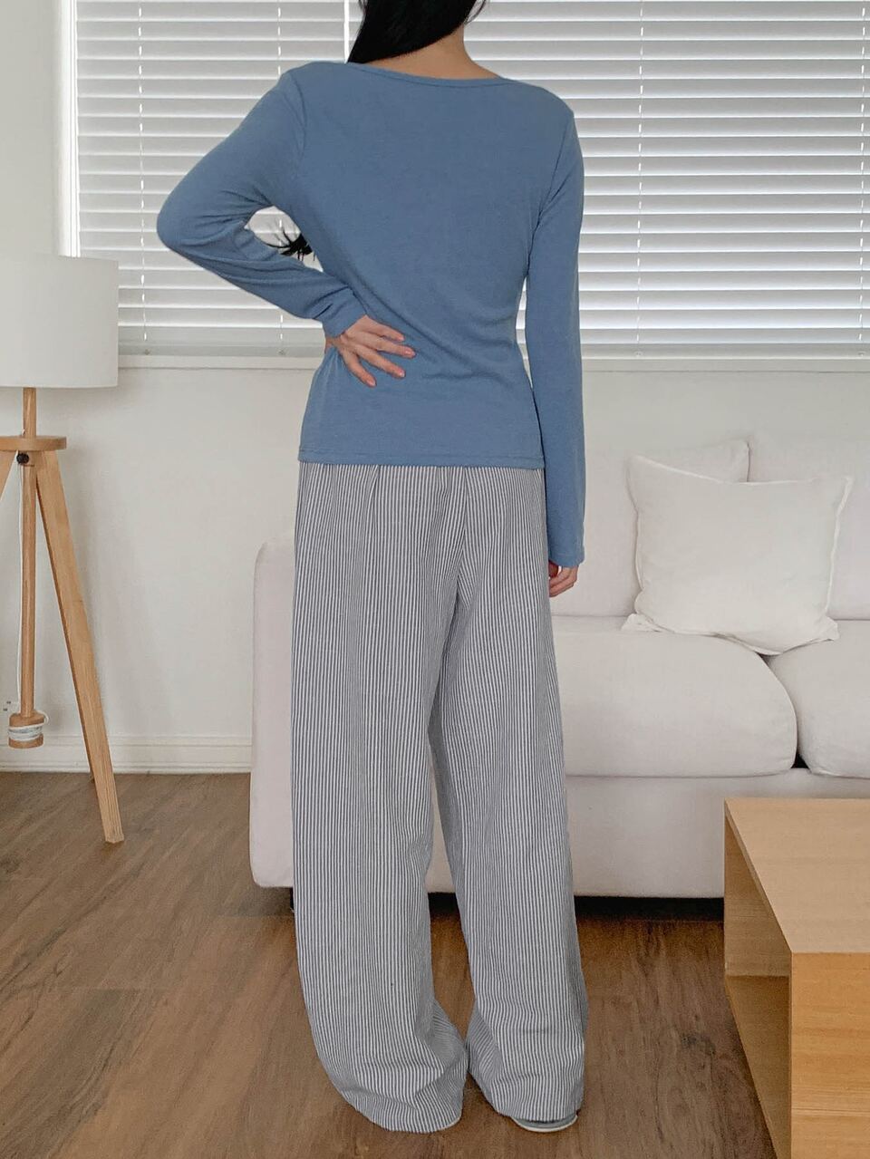 Women's Solid Color Long Sleeve Top And Striped Long Pants Pajama Set Fall