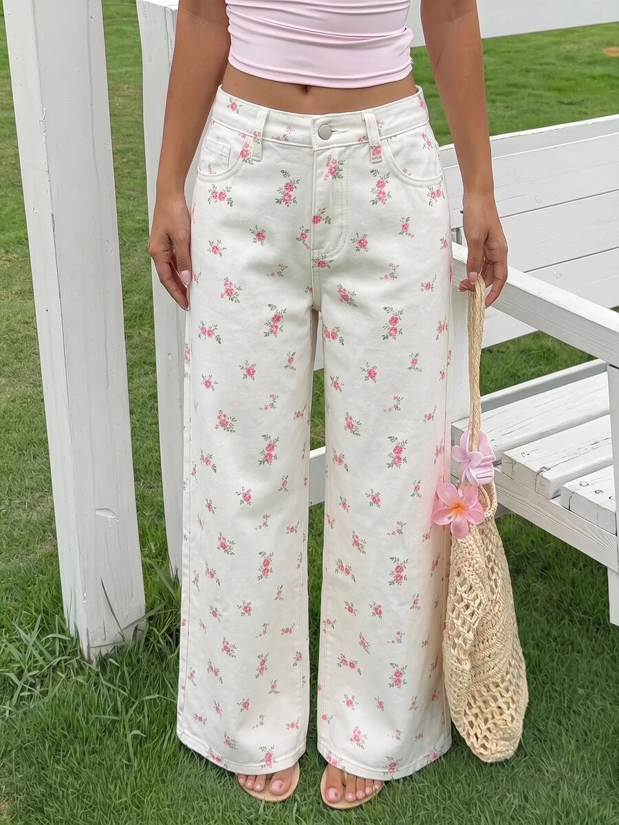 SHEIN Kids Tween Girl Girls' Black Polka Dot White Denim Loose Long Pants - Multicolor - View 1