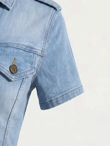 SHEIN 女款街頭風鈕扣短袖修身牛仔夾克 - 藍色 - 查看 6