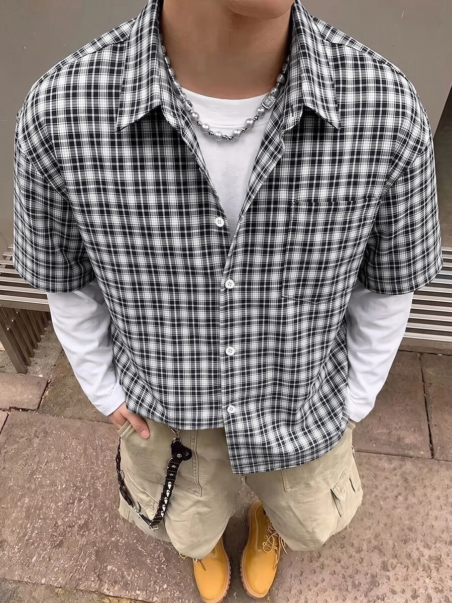 STEELVANCE 男士小格紋假兩件長袖襯衫,單口袋經典款,適合正式或休閒場合,休閒度假、晚餐聚會、簡約辦公、居家休閒穿著,可自用或送禮給朋友,熱銷舒適面料襯衫 - 彩色 - 查看 1