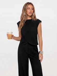 Avantive Setelan 2 Potong Atasan dan Celana Kasual Wanita Model Cross Fashion - Hitam - View 1