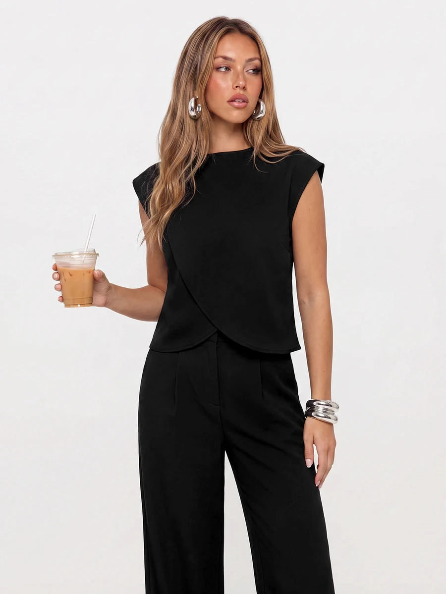 Avantive Setelan 2 Potong Atasan dan Celana Kasual Wanita Model Cross Fashion - Hitam - View 1
