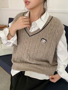 Betty Boop x DAZY Curve Solid Color Pullover V-Neck Sweater Vest, Layered Preppy Casual Style For Spring And Autumn - Khaki - View 1