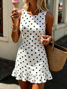 Selianne Women's New Fashion Faux Lace Knit Round Neck Sleeveless Ruffle Hem Elegant Daily Dating Commute Dress - Black and White - View 6