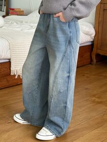 DAZY Tween Girl) Casual Loose Washed Distressed Patchwork Versatile Autumn/Winter Denim Jeans - Light Wash - View 5