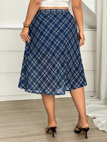 Vionelle Plus Size Vintage Casual Versatile Daily Sweet Girl Chiffon Plaid Skirt - Navy Blue - View 2