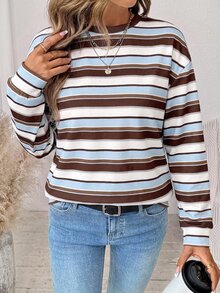 SHEIN LUNE Striped Print Drop Shoulder Sweatshirt - White - View 3