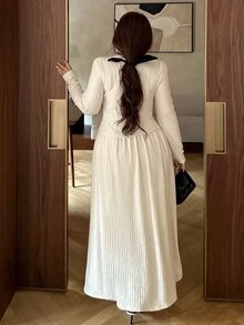 Dazy Plus Solid Color Elegant Double-Breasted Long Sleeve Fitted Top & A-Line Long Skirt 2 Pieces Set, Casual Commute Spring/Autumn - Apricot - View 4