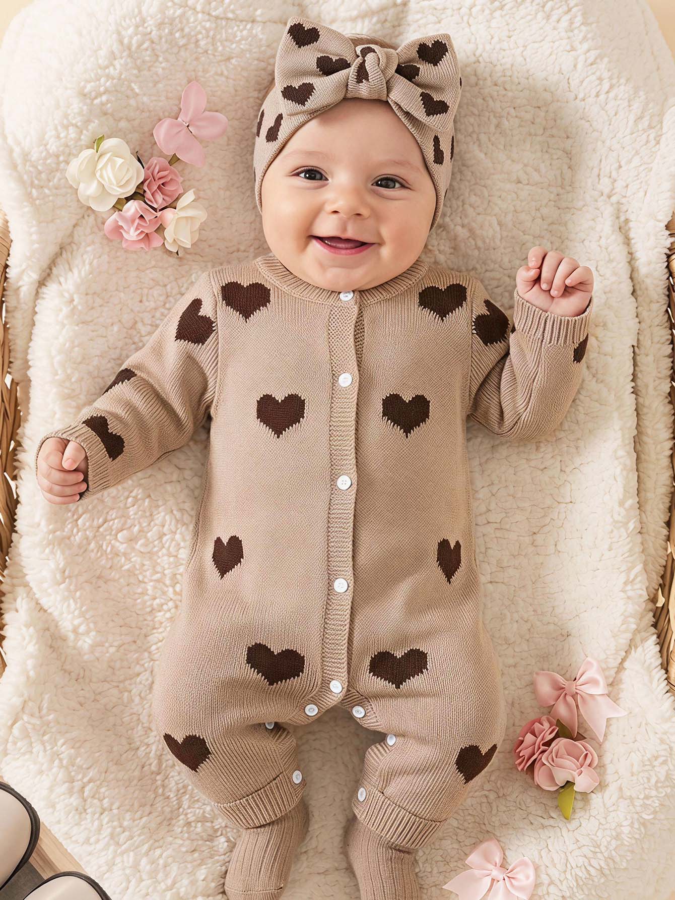 SHEIN Newborn Baby Girl Knit Autumn/Winter Cute Heart Pattern Romper - Multicolor - View 1