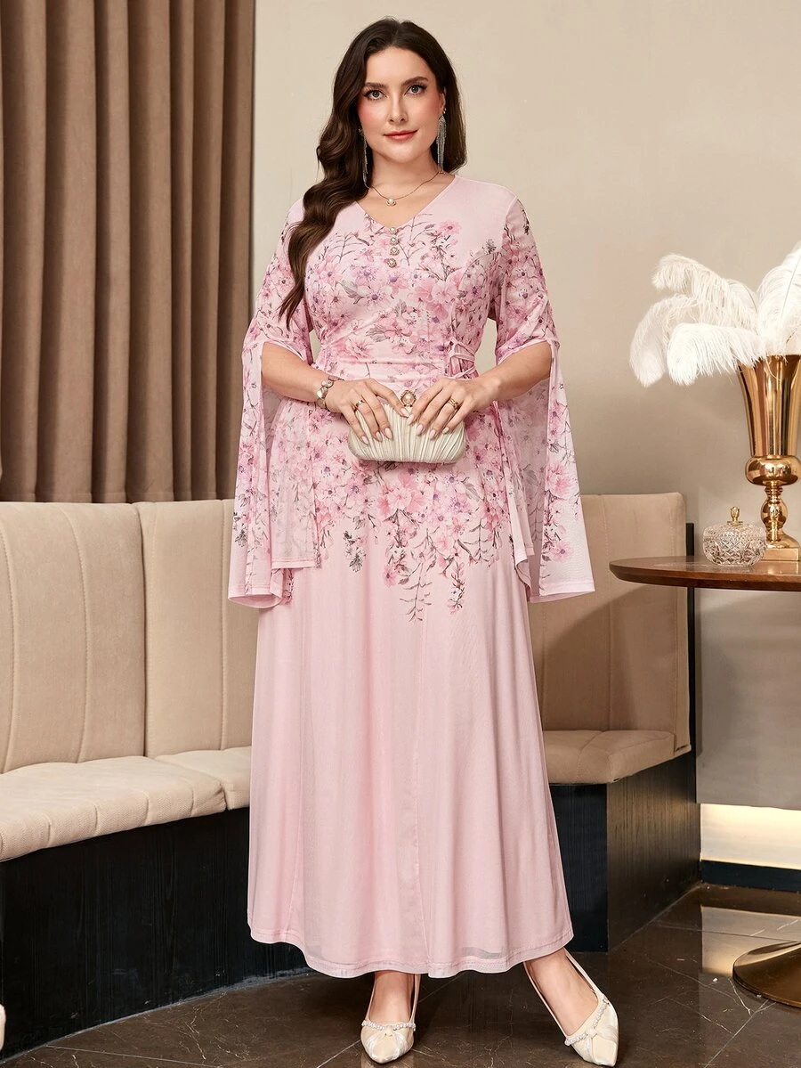 Reflora Plus Size Elegant Floral Print Party Dress - Pink - View 1