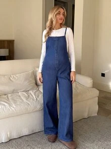 SHEIN 孕婦休閒牛仔吊帶褲 - 藍色 - 查看 7