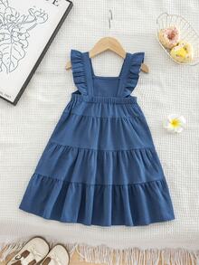SHEIN 1 buah Gaun Tank Tanpa Lengan Gaya Putri Premium Kasual untuk Anak Perempuan dengan Pita - Biru - View 2