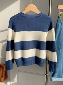 SHEIN Young Boys Cartoon Bear Kids Striped Pattern Crew Neck Long Sleeve Pullover Autumn Sweater - Multicolor - View 2