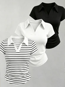 Lalippa Women's Collared Short Sleeve Casual Versatile T-Shirt - Multicolor - View 1