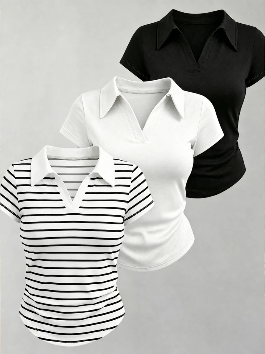 Lalippa Women's Collared Short Sleeve Casual Versatile T-Shirt - Multicolor - View 1