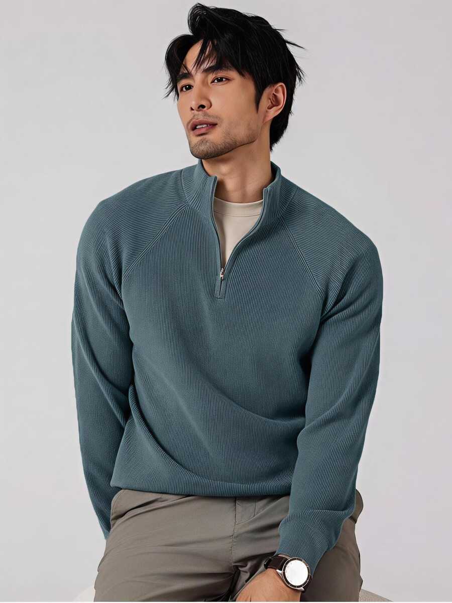 Manfinity Homme 男士休閒素色立領毛衣,秋冬款 - 藍色 - 查看 1