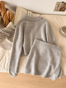 Story & Sage Casual Home & Vacation Women's 2 Pieces Sweater Set, Autumn/Winter Matching Turn-Collar Button-Up Floral Long Sleeve Sweater & Short Skirt Set Wonen - Grey - View 2