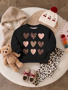Young Girl 1pc Leopard & Bow Print Drop Shoulder Sweatshirt & 1pc Leggings - Multicolor - View 2