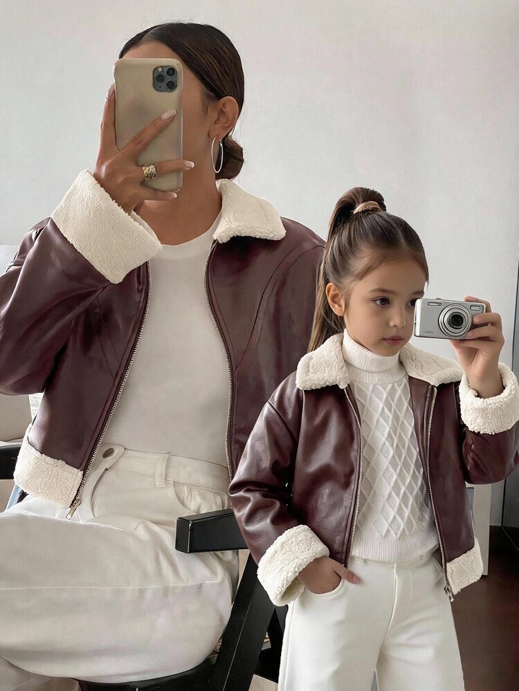 Young Girl Cute Autumn/Winter Versatile Colorblock Thermal Lined Long Sleeve Jacket - Brown - View 1