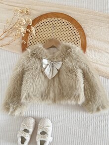 LMoss Kids Young Girl Woven Solid Kids Color Faux Fur Bow Casual Winter Jacket - White - View 5