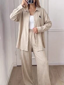 SHEIN 青少年女孩秋季新款杏色刺繡小馬圖案休閒極簡寬鬆長袖上衣與長褲套裝 - 杏色 - 查看 2