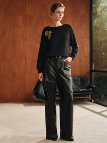 Anewsta 女款休閒亮片刺繡運動衫，秋季 - 黑色 - 查看 4