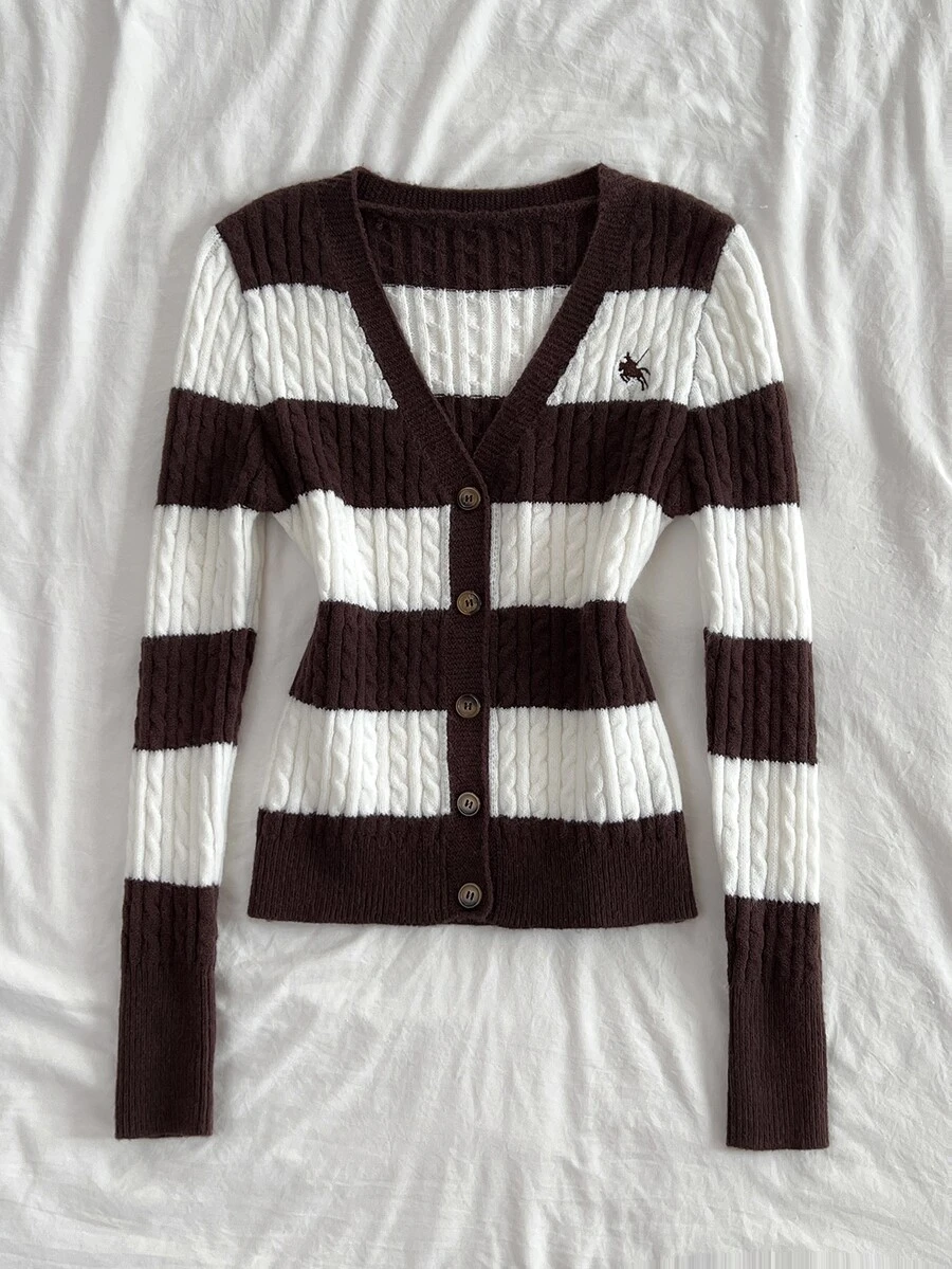 Elamini Women's Casual Versatile Contrast Stripe Classic Cable Knit Daily Commute Autumn/Winter Cardigan Sweater - Coffee Brown - View 1