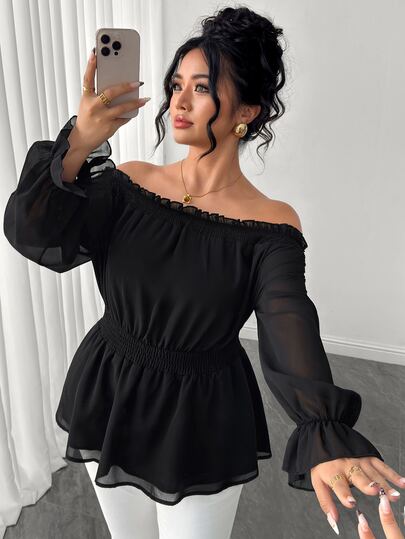Elenzga Áo blouse nữ size lớn hở vai, vải voan, bèo nhún, tay chuông