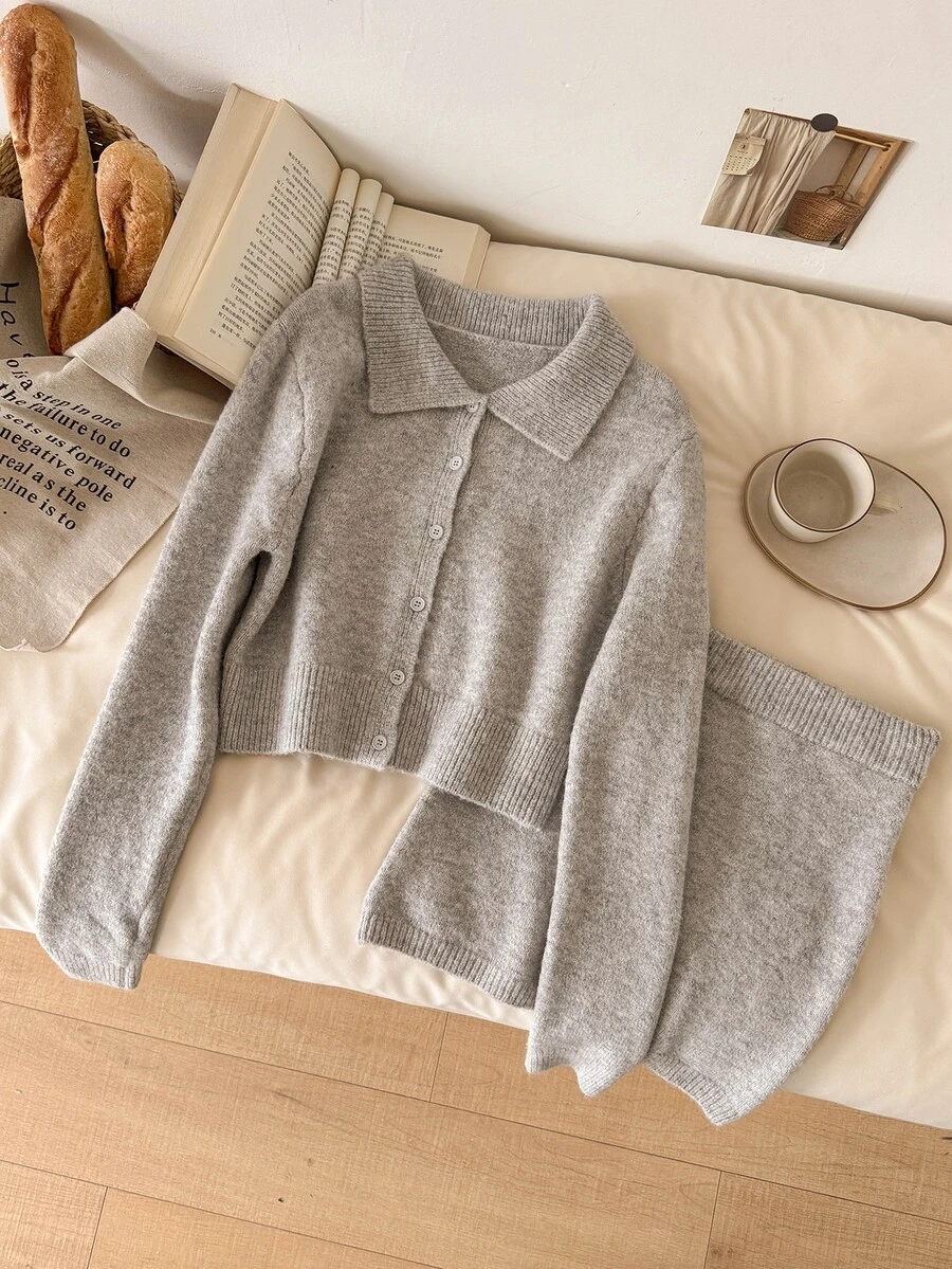 Story & Sage Casual Home & Vacation Women's 2 Pieces Sweater Set, Autumn/Winter Matching Turn-Collar Button-Up Floral Long Sleeve Sweater & Short Skirt Set Wonen - Grey - View 1