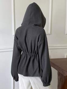 Livesso Women's Solid Color Drawstring Hooded Zip-Up Casual Everyday Long Sleeve Sweatshirt Fall - Grey - View 2