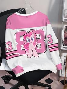 My Little Pony X SHEIN Plus Size Color Block Patchwork Cartoon Print Crew Neck Sweatshirt Fall - White - View 2