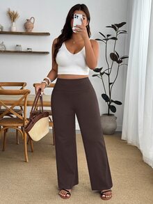 SHEIN PETITE CURVE 大尺碼休閒百搭純色高腰直筒長褲 - 棕色 - 查看 6
