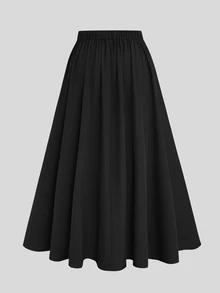Sweetra Plus Size Colorblock Patchwork Eyelet Trim Long A-Line Skirt Fall - Black - View 2