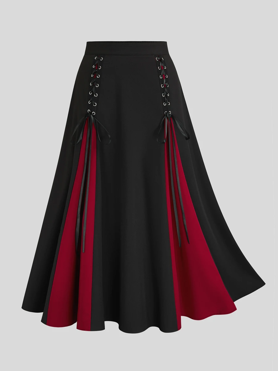 Sweetra Plus Size Colorblock Patchwork Eyelet Trim Long A-Line Skirt Fall - Black - View 1