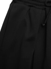 SHEIN 青少年女孩秋冬針織黑色休閒抽繩口袋百褶寬鬆闊腿運動長褲，百搭黑色長褲 - 黑色 - 查看 8