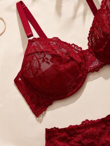 Charlaine Plus Size Elegant Solid Color Lace Lingerie Set - Burgundy - View 3