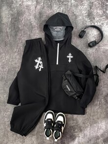 SHEIN 青少年男孩半拉鍊連帽夾克與慢跑褲2件套，休閒運動風，適合秋冬、通勤、上學、日常穿著、度假、旅行、運動，四季皆宜，抓絨加厚 - 彩色 - 查看 7