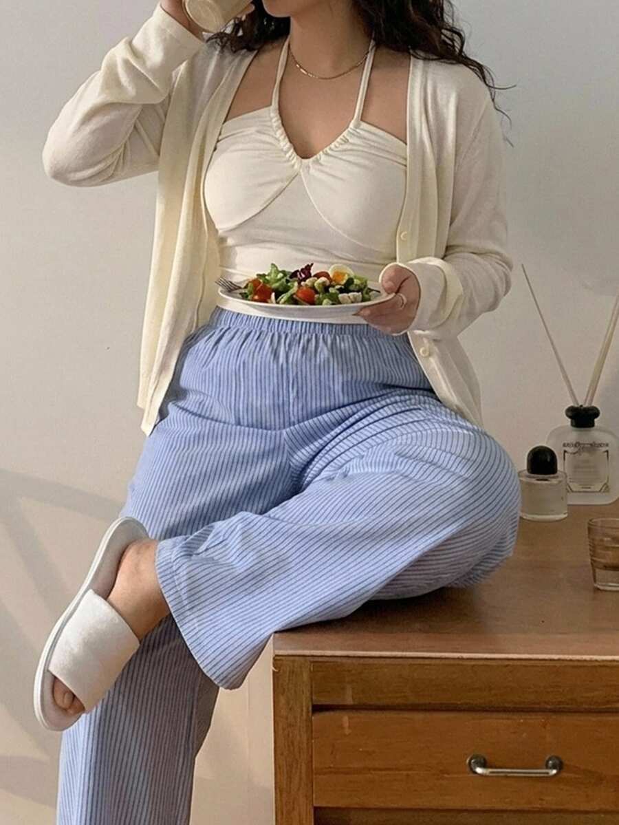 Dazy Plus 3-Piece Set Cardigan, Spaghetti Strap Strap Top, Striped Loose Straight Leg Pajama Pants Loungewear Set - Apricot - View 1